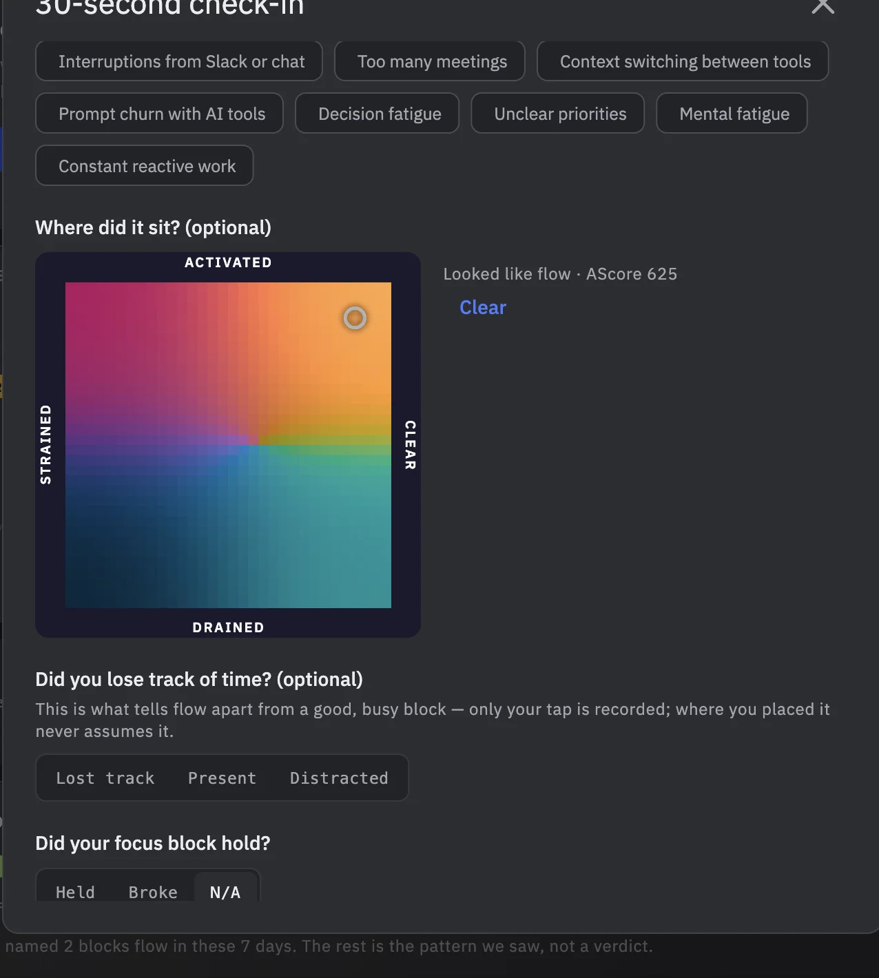 Ten-second check-in with mood grid labeled Looked like flow, absorption prompt, and focus block hold
