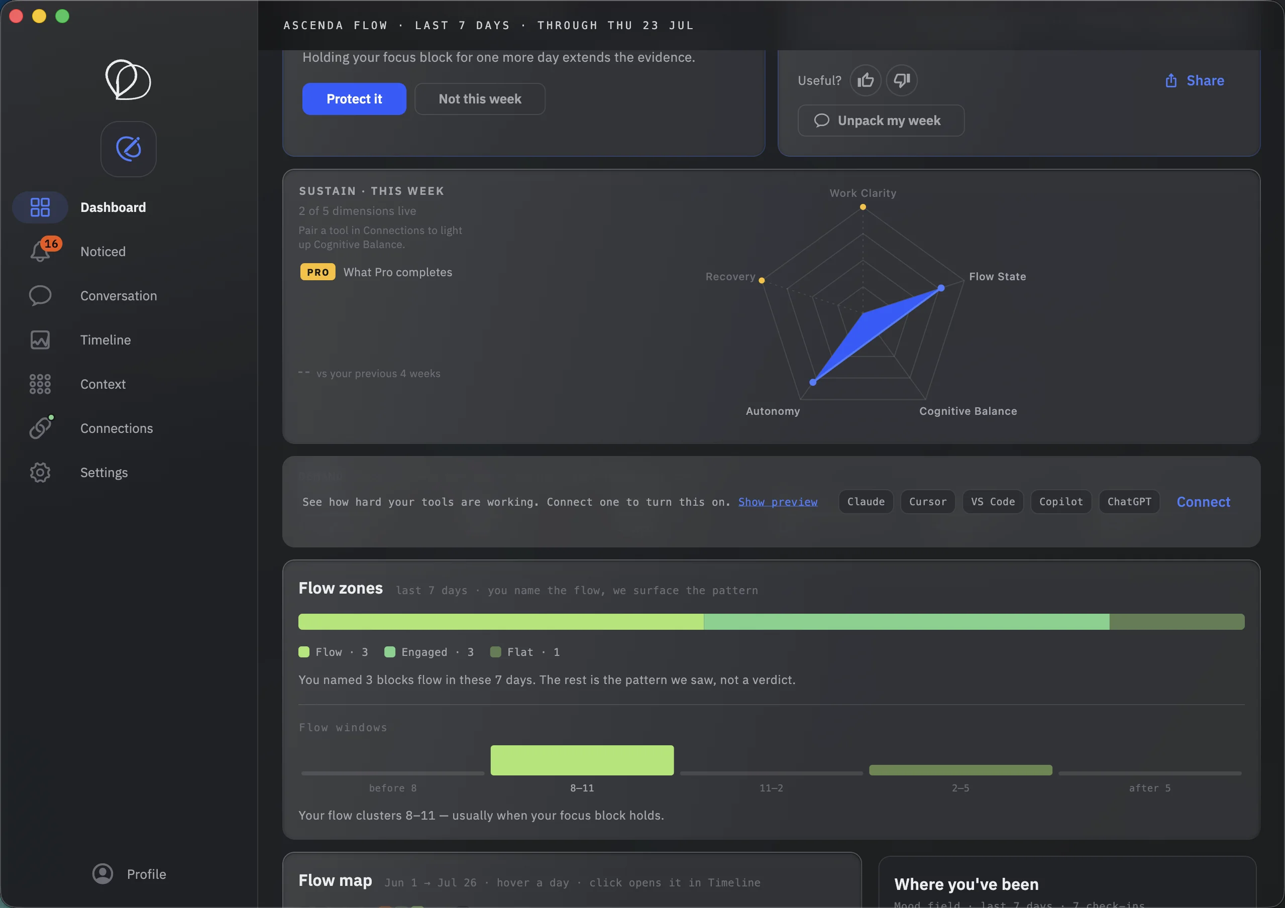 Dashboard connect band: Claude, Cursor, VS Code, Copilot, ChatGPT with a Connect button